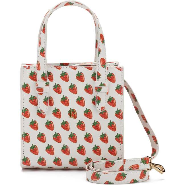 Mini Phoebe Tote Bag, White and Strawberry Print Vegan Saffiano - Bags - 1