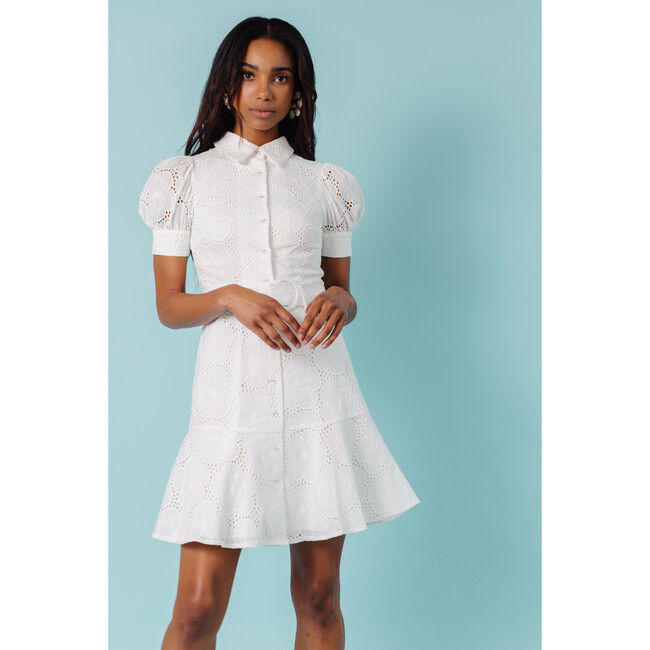 Women's Pouf Sleeve Cotton Lace Shirt Dress, White