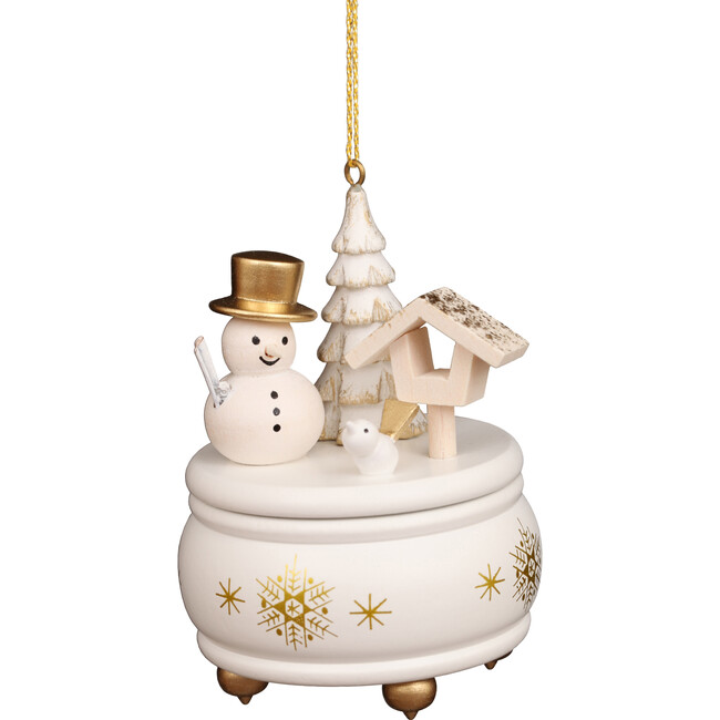 Music Box Ornament, White And Gold With Snowman Detail