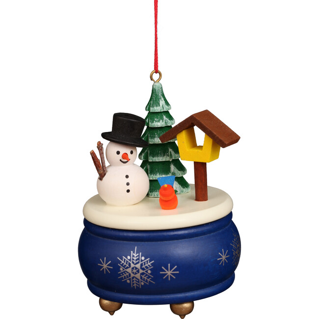Music Box Ornament, Blue With Snowman Detail