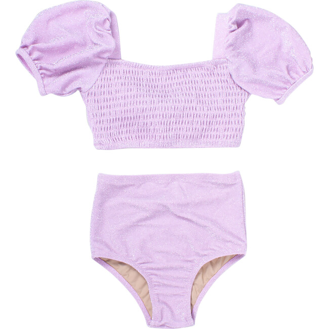 Two Piece High Waist Smocked Set, Shimmer Lilac - Two Pieces - 1