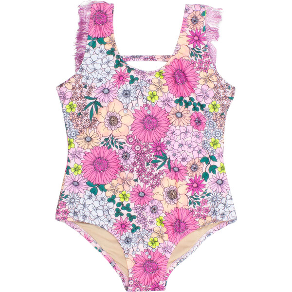 One Piece Fringe Back Swimsuit, Mod Floral Pink - Shade Critters Swim ...