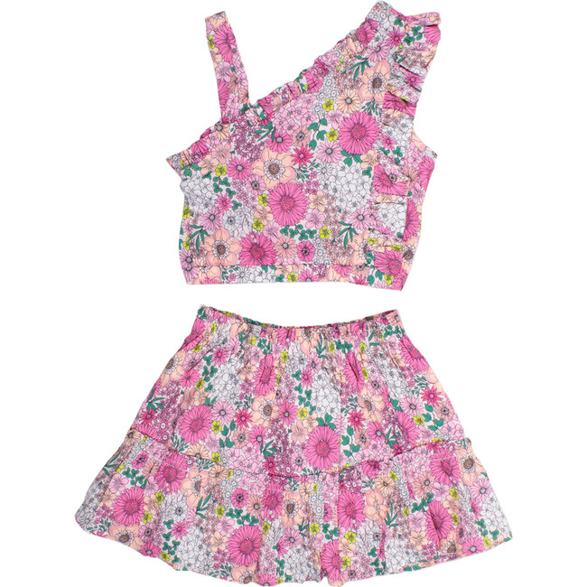 Girls One Shoulder Top, Mod Floral Pink - Shirts - 2
