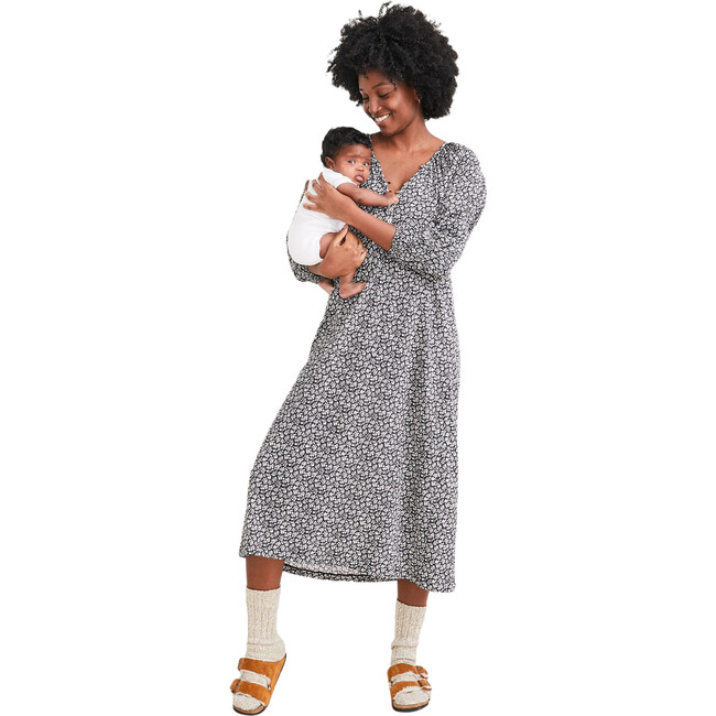 The Women's Organic Cotton Nursing Night Dress, Black Floral - Dresses - 1