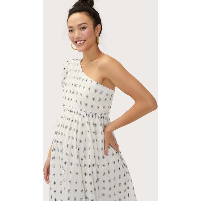 The Women's Elle Dress, White With Navy Embroidery