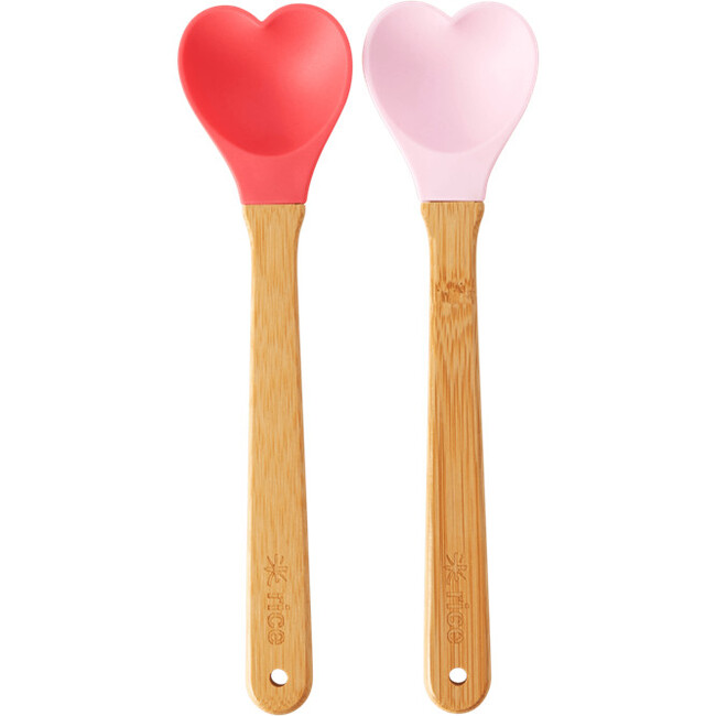 Set of Two Silicone Spoons With Bamboo Handle, Mini Hearts