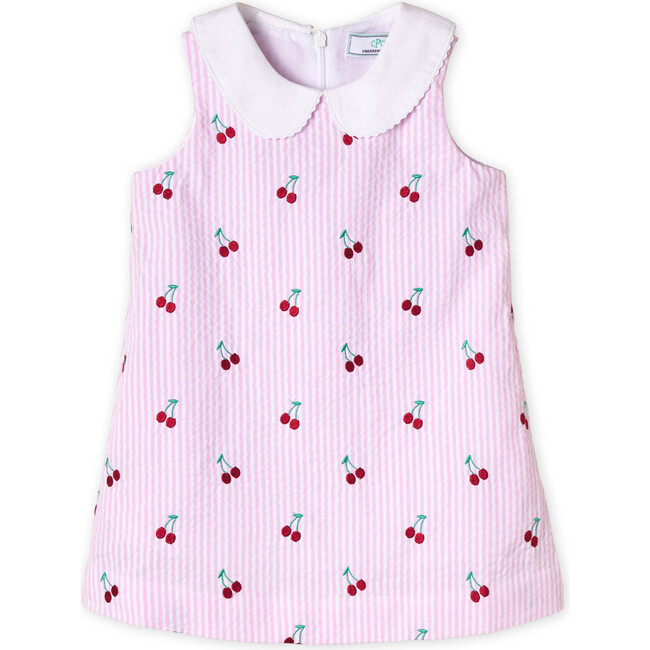 Maddie Dress Cherries Embroidery, Cherries on Pink Stripe - Dresses - 1