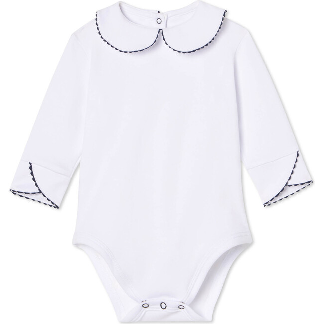 Long Sleeve Izzy Onesie Solid, Bright White with Blue Ribbon Ric Rac