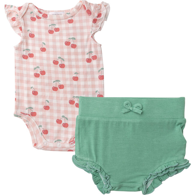 Cherry Bodysuit with Winter Green High Waist Shorts