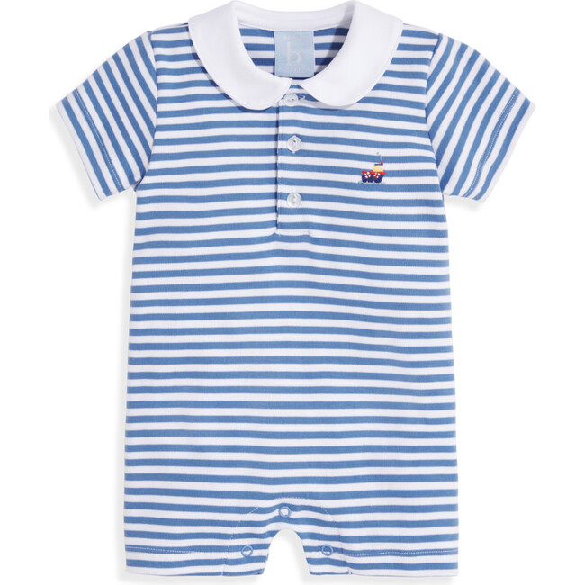 Embroidered Pima Romper, Royal and White Stripe with Tugboat - Rompers - 1 - zoom