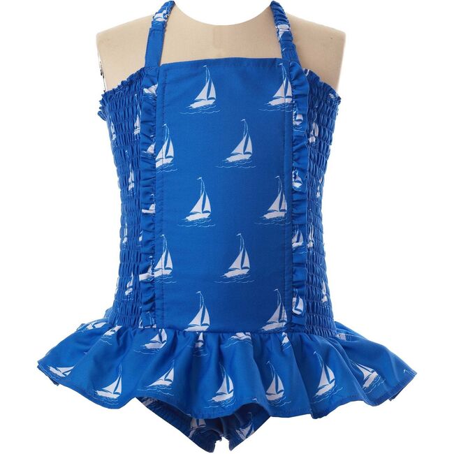Sailboat Print Ruched Swimsuit, Blue