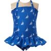Sailboat Print Ruched Swimsuit, Blue - One Pieces - 1 - thumbnail