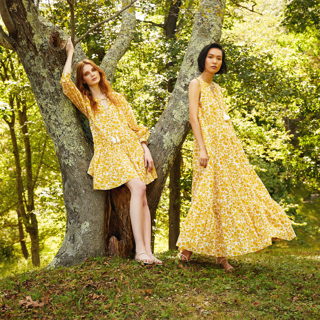 Women's Kavita Dress, Wood Block Floral Yellow