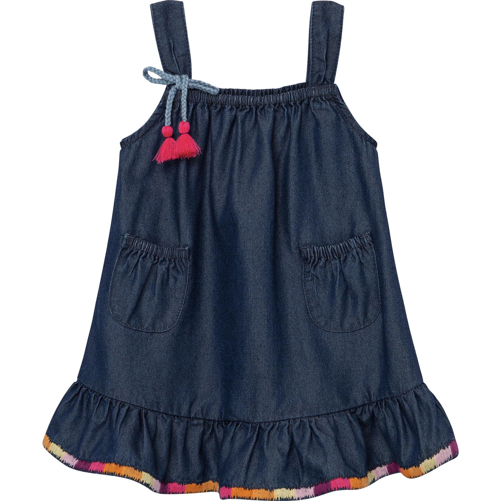 Rainbow-Stitched Chambray Dress, Indigo - Dresses - 1