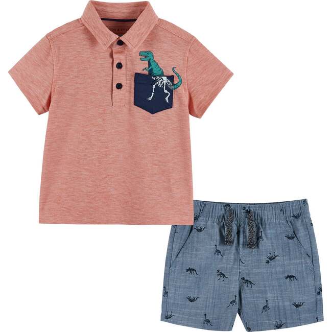 Dino Heathered Polo and Short Set, Red and Blue