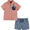Dino Heathered Polo and Short Set, Red and Blue - Mixed Apparel Set - 1 - thumbnail
