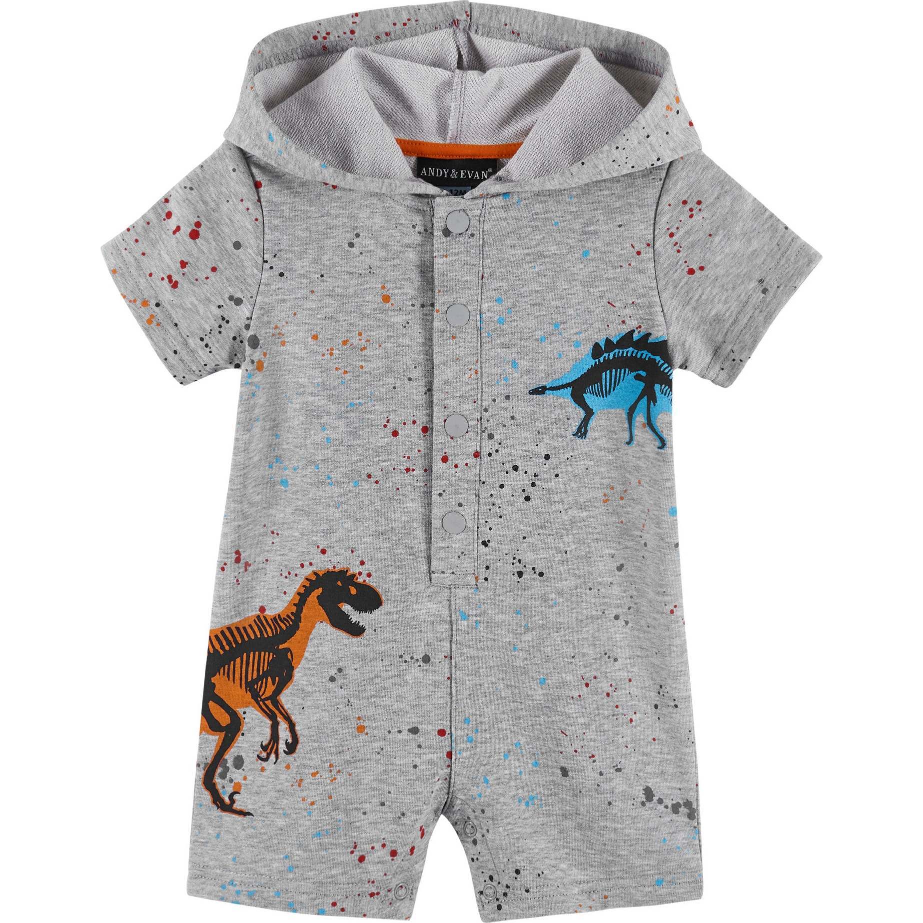 Baby Dino Hooded Romper, Grey - Rompers - 1