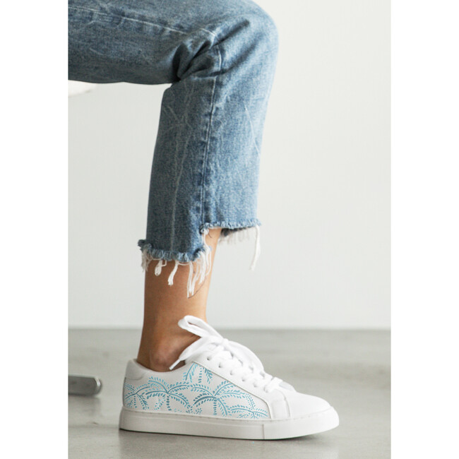 Women's Blue Abstract Palms White Sneaker - Sneakers - 3