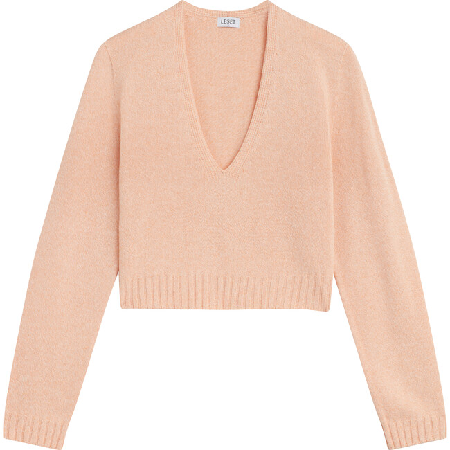Women's Zoe Crop V Neck Pullover, Peach Melange - Sweaters - 1