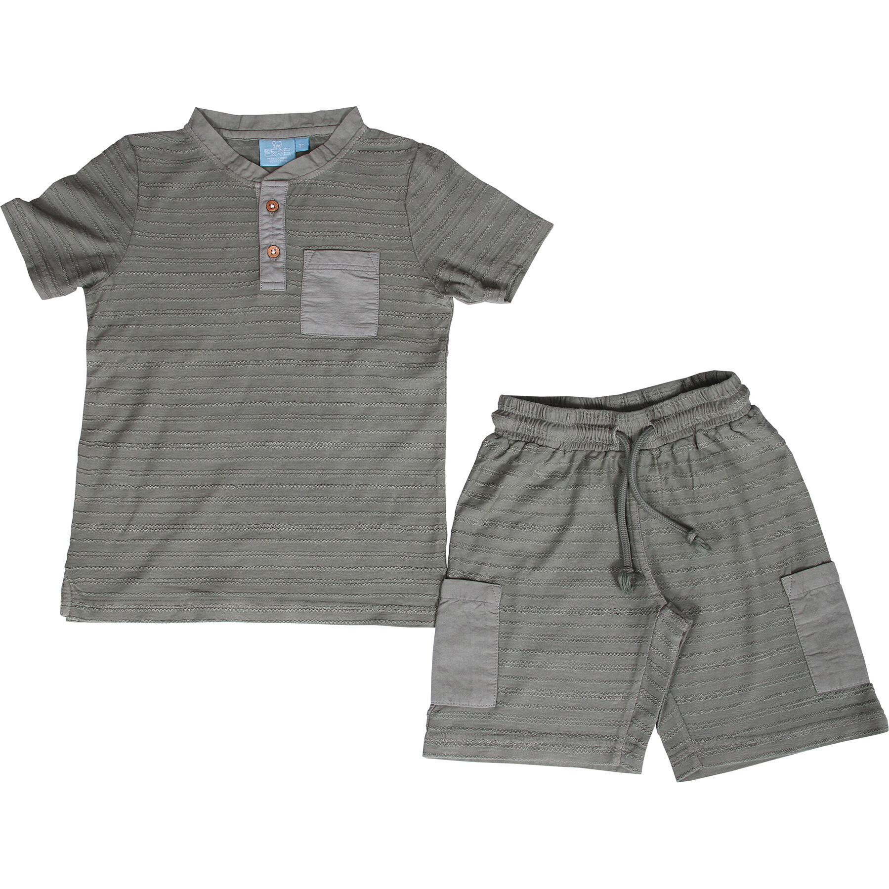 Novelty Stripe Contrast Pocket Henley 2 Piece Set, Pine - Mixed Apparel Set - 1