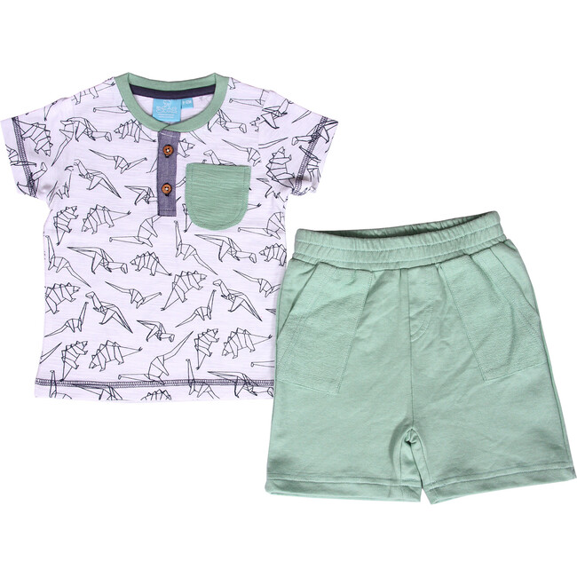 Baby Origami Dino 2 Piece Set, White and Green - Mixed Apparel Set - 1