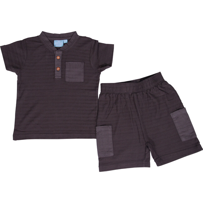 Baby Novelty Stripe Contrast Pocket Henley 2 Piece Set, Charcoal