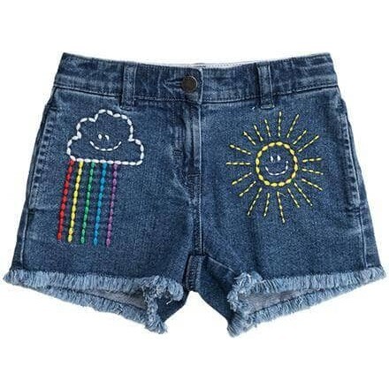 Embroidered Rainbow Denim Shorts, Blue - Shorts - 1