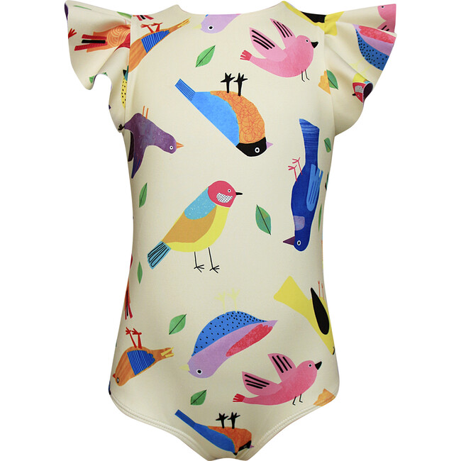 Girls Dayana One Piece Swimsuit, Birds Collage Yellow - One Pieces - 1