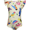 Girls Dayana One Piece Swimsuit, Birds Collage Yellow - One Pieces - 1 - thumbnail