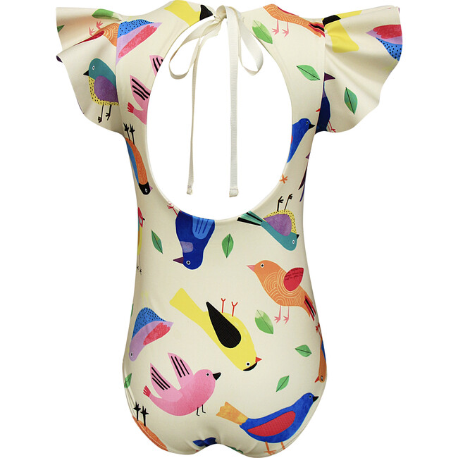 Girls Dayana One Piece Swimsuit, Birds Collage Yellow - One Pieces - 3