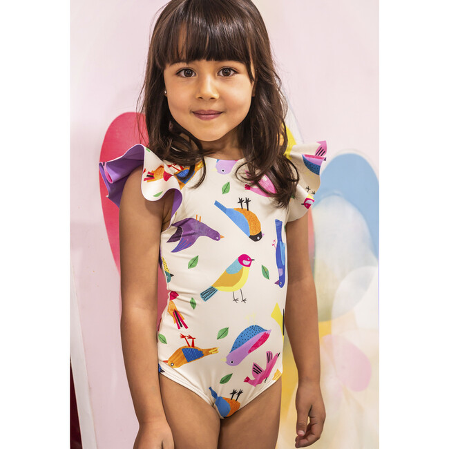 Girls Dayana One Piece Swimsuit, Birds Collage Yellow - One Pieces - 4