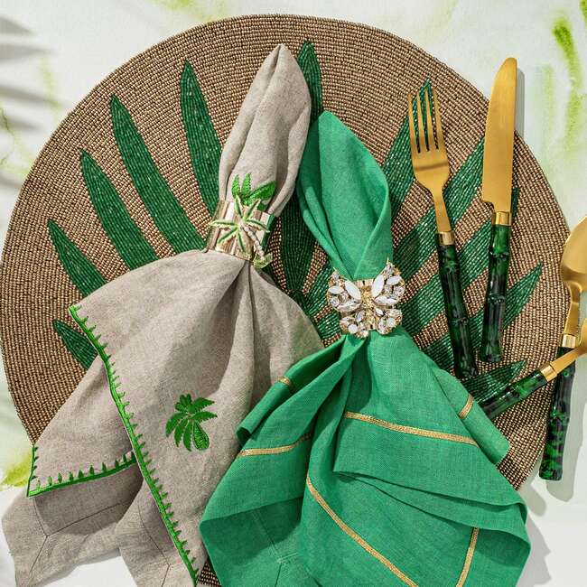 Palm Tree Embroidered Dinner Napkins, Flax