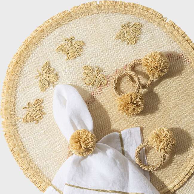 Set of 4 Straw Pompom Napkin Rings, Natural - Tableware - 5