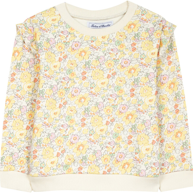 Ruffle Shoulder Floral Sweatshirt, Yellow