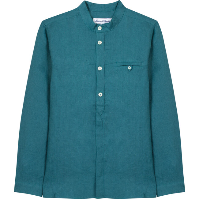 Dark Teal Linen Shirt, Green - Shirts - 1