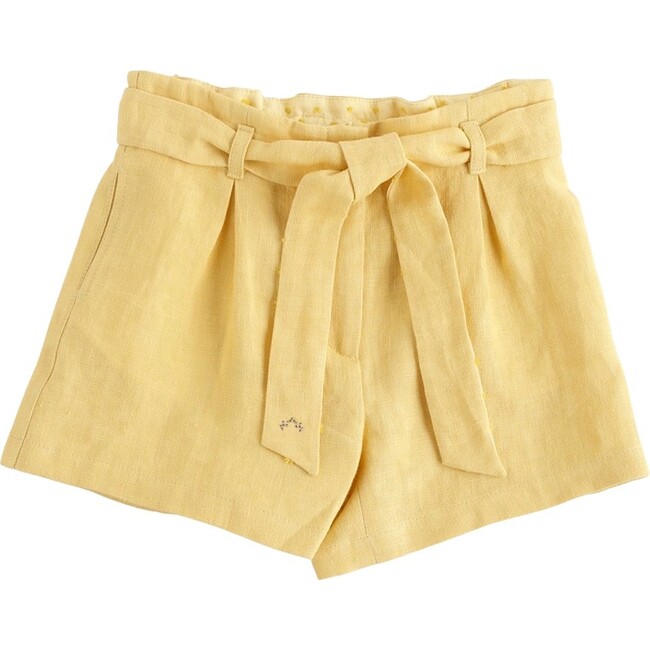 Belt-Tie Linen Shorts, Yellow