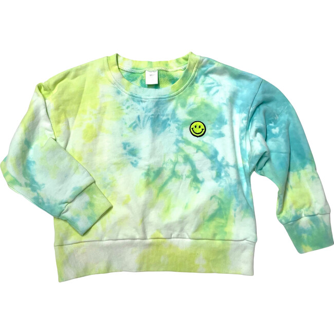 Tie Dye Neon Smiley Patch Crew Neck Sweatshirt, Yellow Green and Blue Tie Dye - Sweatshirts - 1