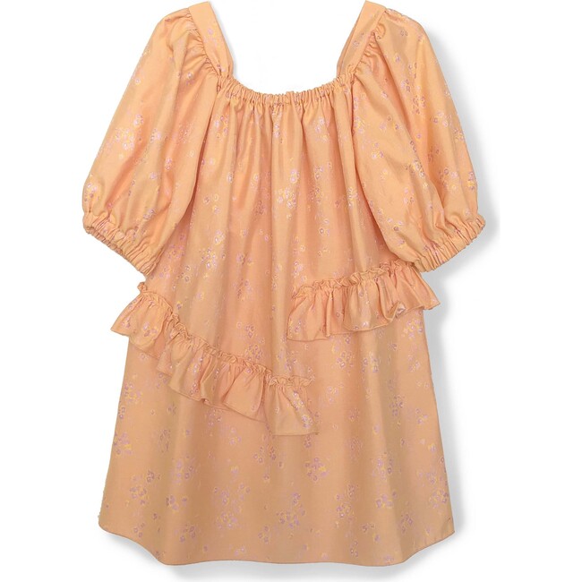 Jacquard Puff-Sleeve Dress, Orange