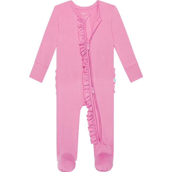 Solid Color  Pink Peony  Footie Ruffled Zippered One Piece