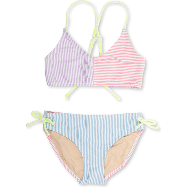 Two Piece Tie Back Bikini, Seersucker Colorblock - Two Pieces - 1