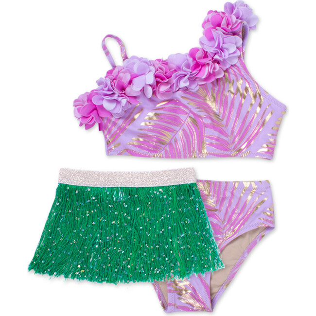 Two Piece Hula Bikini With A Fringe Skirt, Lavender