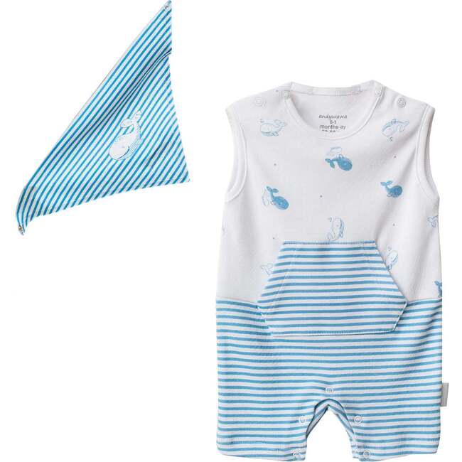 Blue Whale Sleeveless Bodysuit Set, White - Onesies - 1