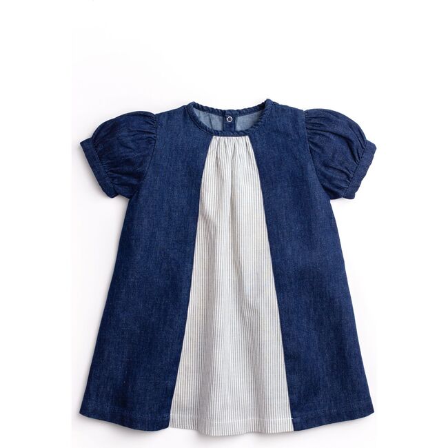 Organic Denim Stripe Dress, Blue - Dresses - 1