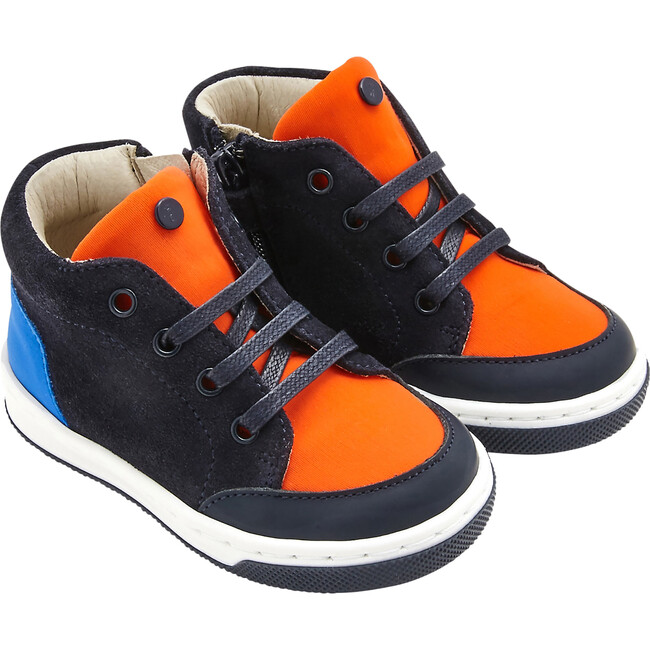 Baby Split Leather Sneakers, Navy Blue & Orange - Sneakers - 2