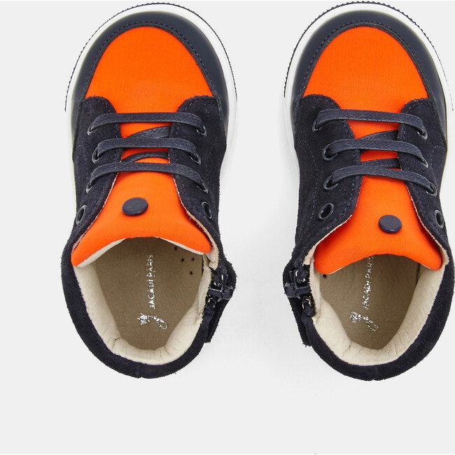 Baby Split Leather Sneakers, Navy Blue & Orange - Sneakers - 4