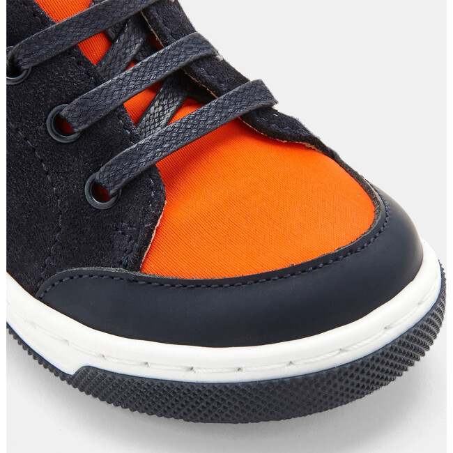 Baby Split Leather Sneakers, Navy Blue & Orange - Sneakers - 6