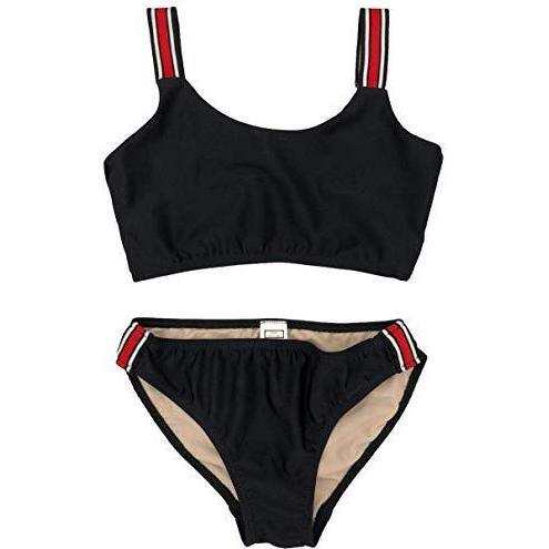 Two Piece Two Piece Stripe Swimsuit, Black/Red - Two Pieces - 1