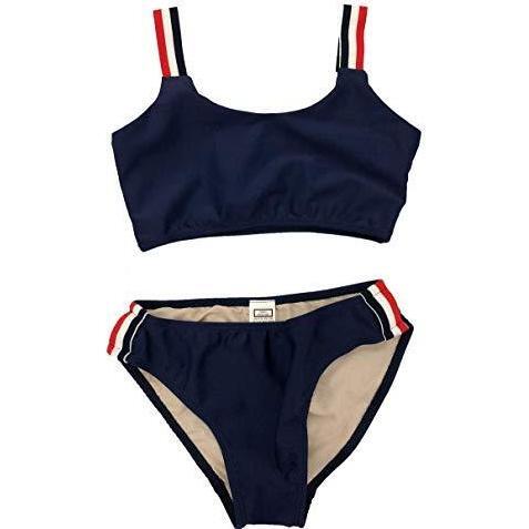 Two Piece Two Piece Stripe Swimsuit, Navy/Red - Two Pieces - 1