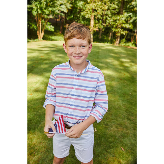 Mandarin Collar Roll Sleeve Shirt, Patriotic Stripe - Shirts - 2