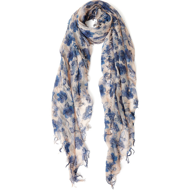 Indigo Blue French Floral Cashmere and Silk Scarf - Scarves - 1